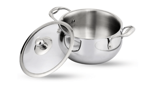Vinod Belly Shape Platinum Triply Stainless Steel Saucepot - 3.7 Litre, 20cm | Glass Lid | Biryani Pot | Rivetted Handle | Induction & Gas Base - 5 Year Warranty